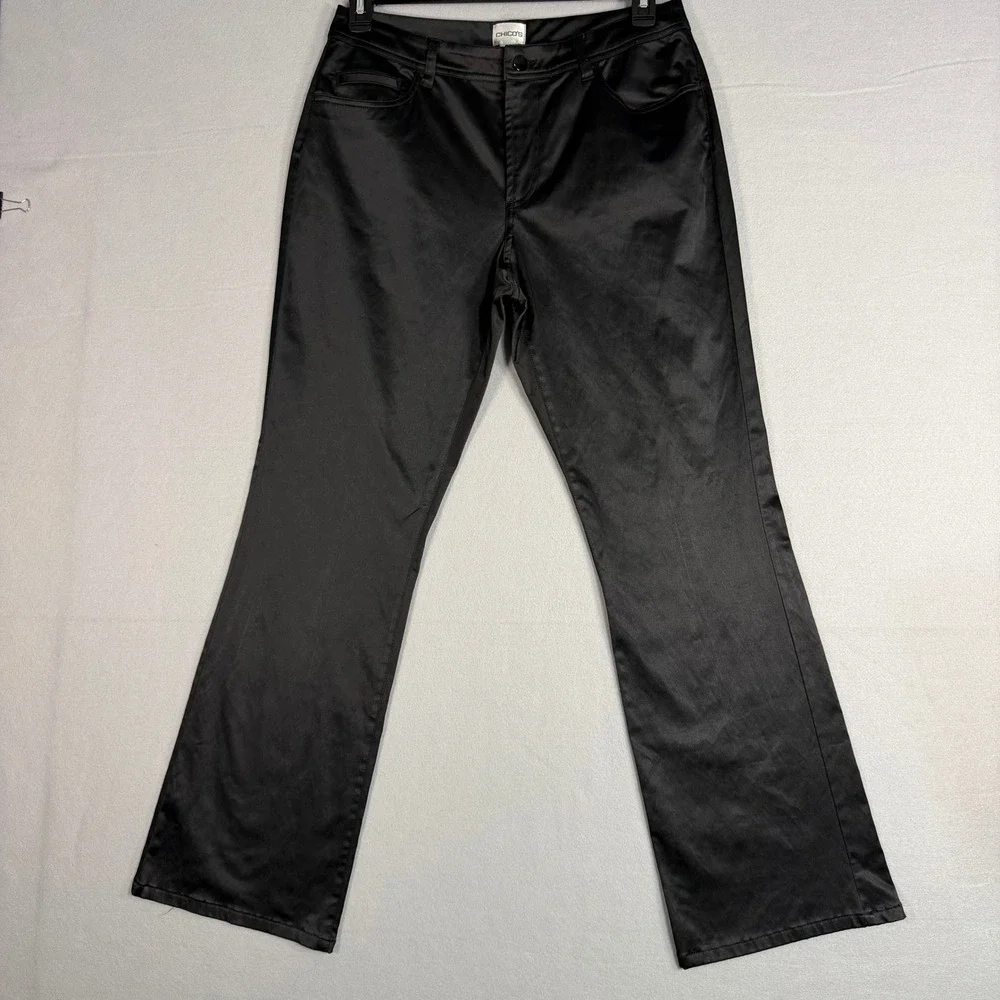 Chico's Satin Bootcut Pants Size 8 Black Stretch 5-Pocket Dress Trousers Regular
